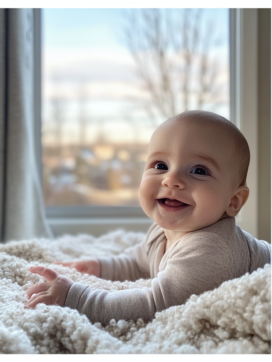 Bébé souriant allongé sur une couverture près d'une fenêtre, lumière naturelle.